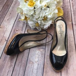 {Jessica Simpson} Black Patent Peep Toe Cork Heels